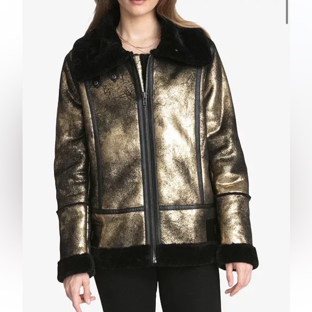 AVEC LES FILLES Metallic Foil Faux Shearling Biker Jacket, Small In Black/gold